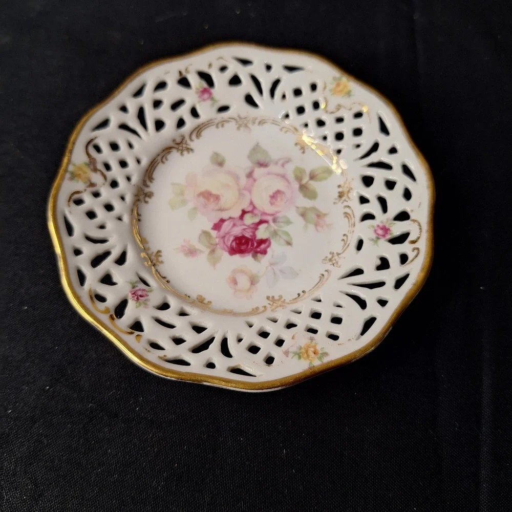 Schumann Arzberg Germany Reticulated Porcelain Nut Dish Rose Floral Gold Trim 5